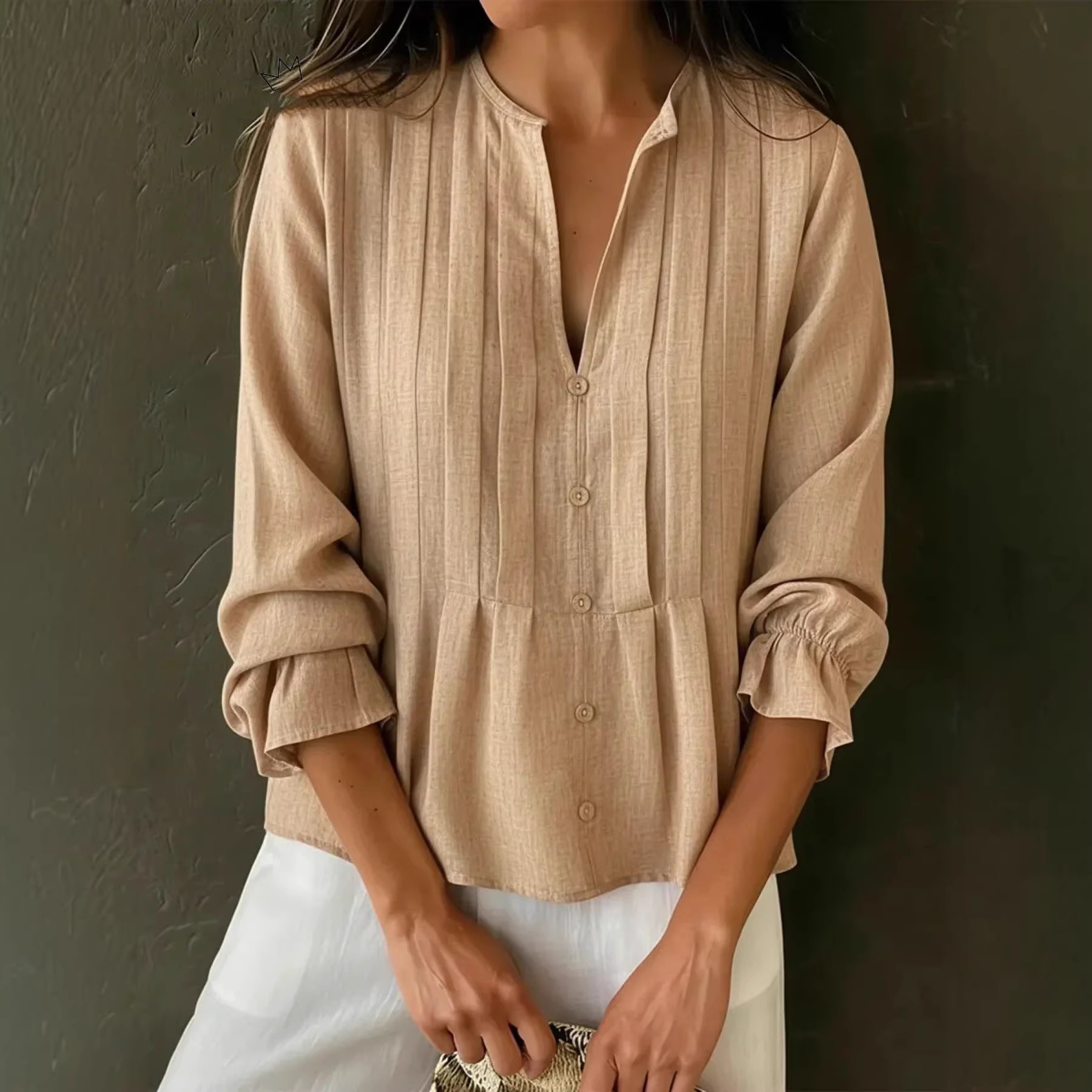 Cross-border European And American Women's Clothing 2025 Spring/Summer New Casual Solid Color V-neck Long-sleeve_voghion.com