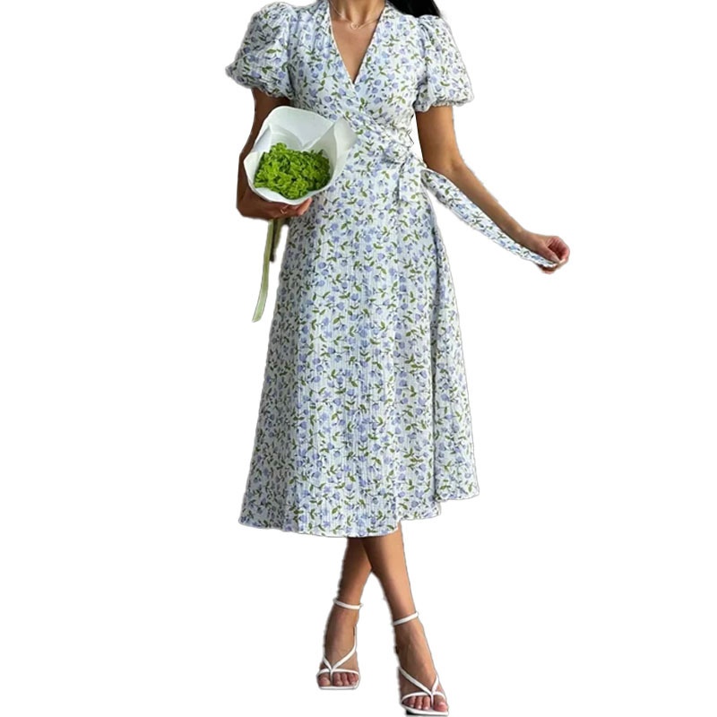 2026 Spring New V-neck With Floral Print, Puff Sleeves, Waist-Cinching, Slimming, Elegant And Fitted Dress_voghion.com