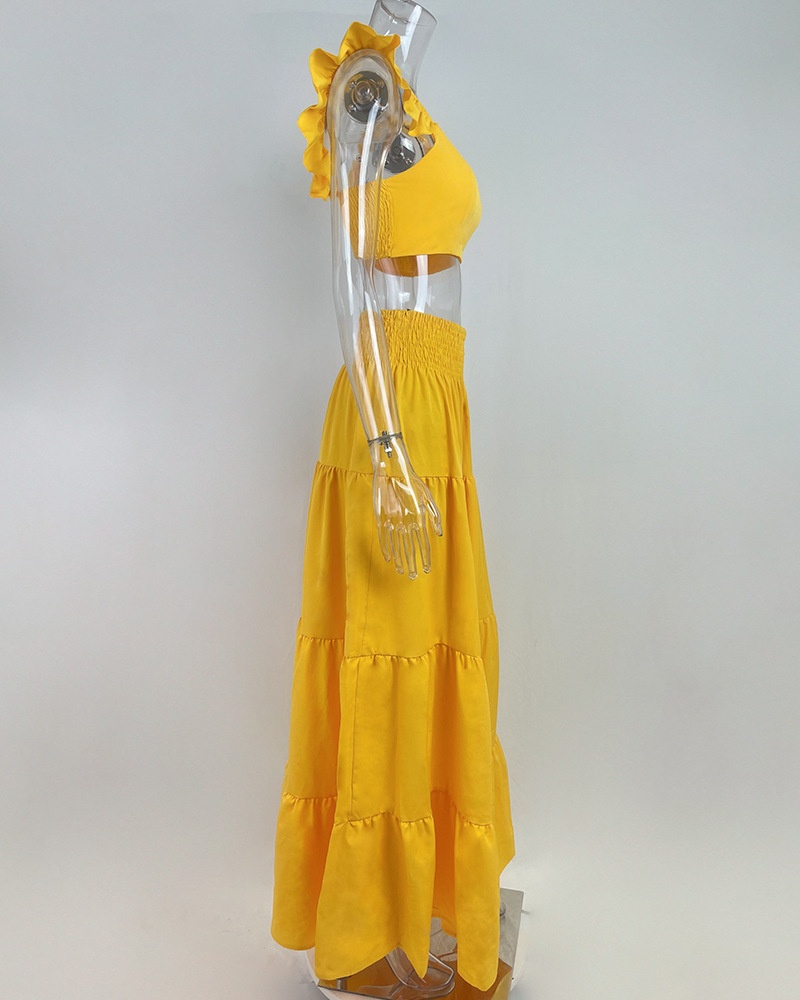 Women's Two-piece Set Solid Colour Ruffle Strap Flared Dress Set_voghion.com