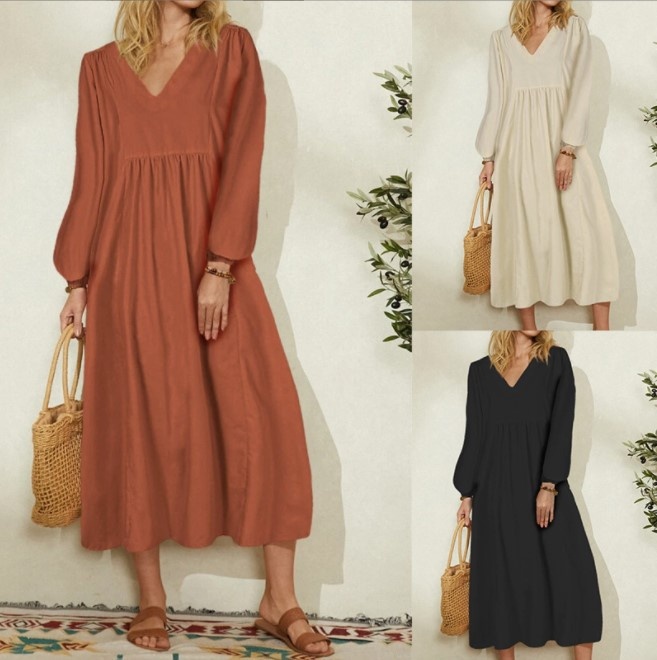 Foreign Trade Clothing 2022 Frühling Neue Mode Damen Baumwoll-Leinen Lockeres Laternenärmelkleid Europäisch Und_voghion.com