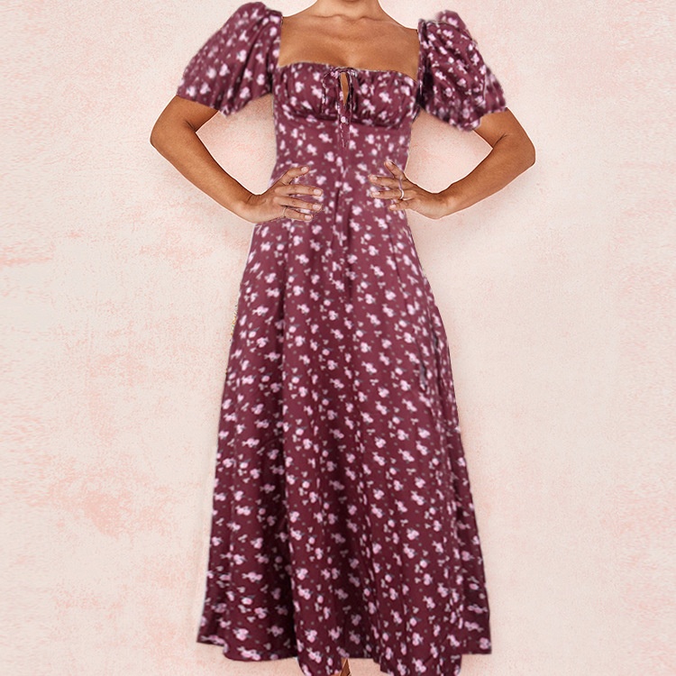 Lente 2026 Nieuwe grensoverschrijdende Europese en Amerikaanse damesmode Elegante Sexy Jurk met Vierkante Hals, Strik en Bloemenprint en Split_voghion.com