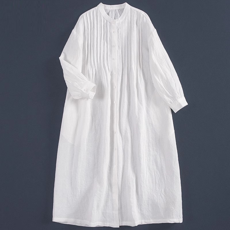 35592025 Spring/Summer Pleated Design Linen Sleeve Versatile Casual White Long Shirt Dress_voghion.com