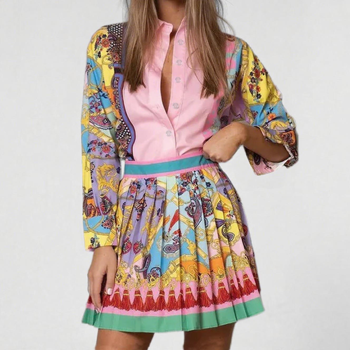 Camisa feminina estampada casual de cintura alta com pregas, nova coleção primavera/verão 2026, com inspiração europeia e americana._voghion.com
