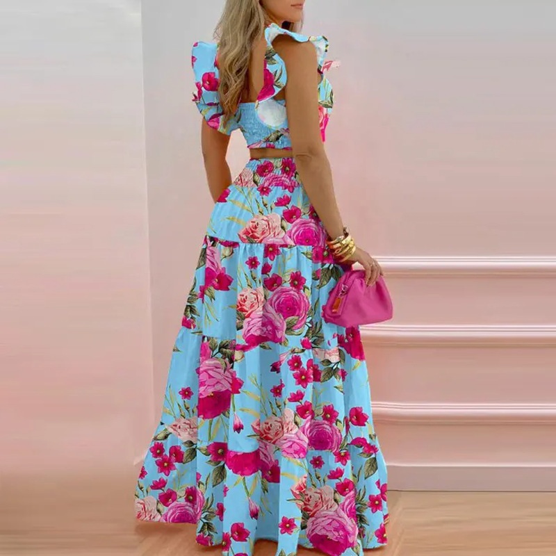 Women's Two-piece Set Solid Colour Ruffle Strap Flared Dress Set_voghion.com