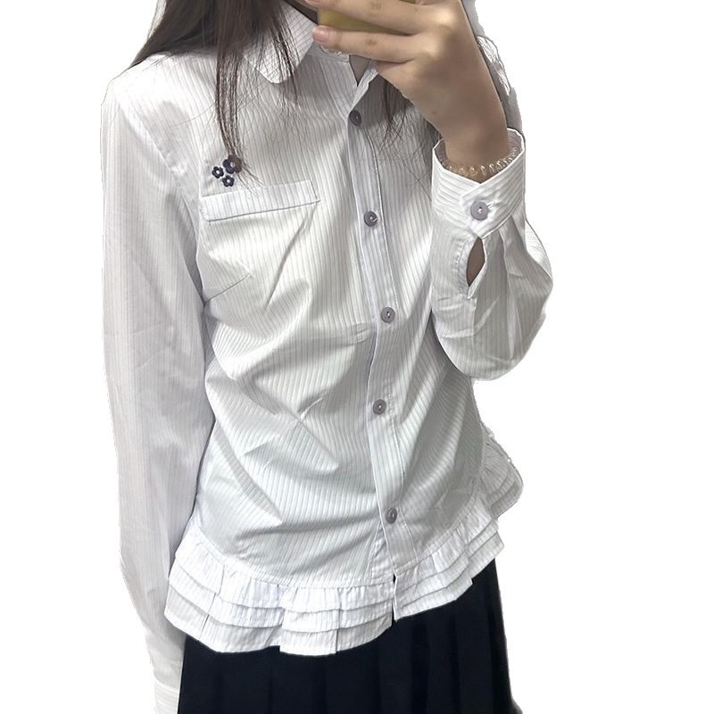 Camicia a maniche lunghe a righe in stile giapponese, adatta per la primavera e l'autunno, con orlo a balze, un top grazioso._voghion.com