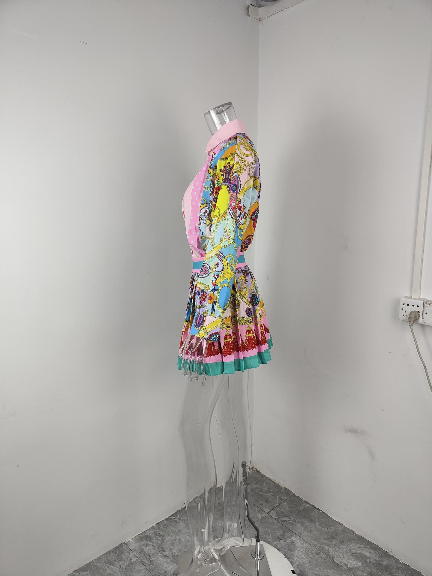 Vestido casual feminino estampado plissado de cintura alta_voghion.com