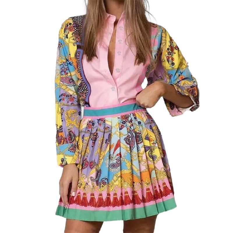 Camisa feminina estampada casual de cintura alta com pregas, nova coleção primavera/verão 2026, com inspiração europeia e americana._voghion.com