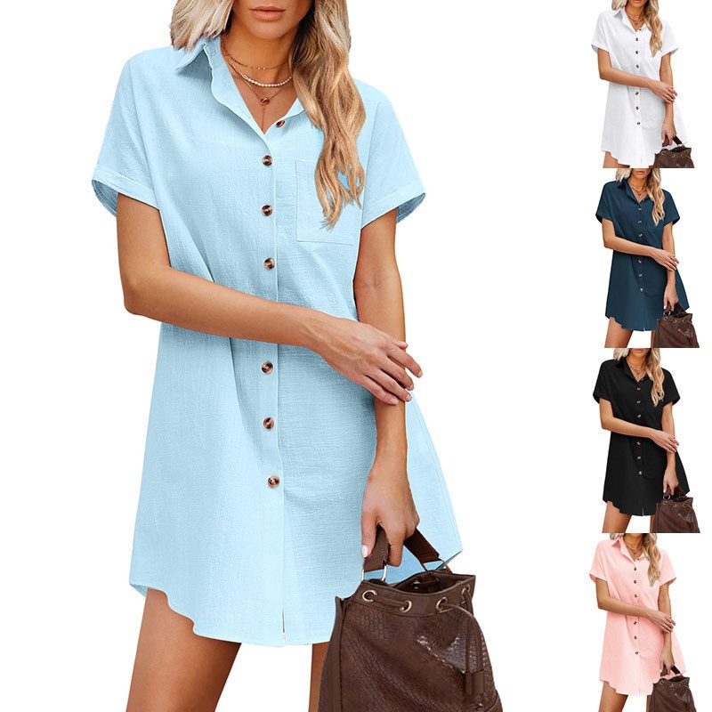 2024 Summer Casual Women's Sleeve Linen Solid Color Collar Single-Breasted Loose Shirt Short Dress For Women_voghion.com