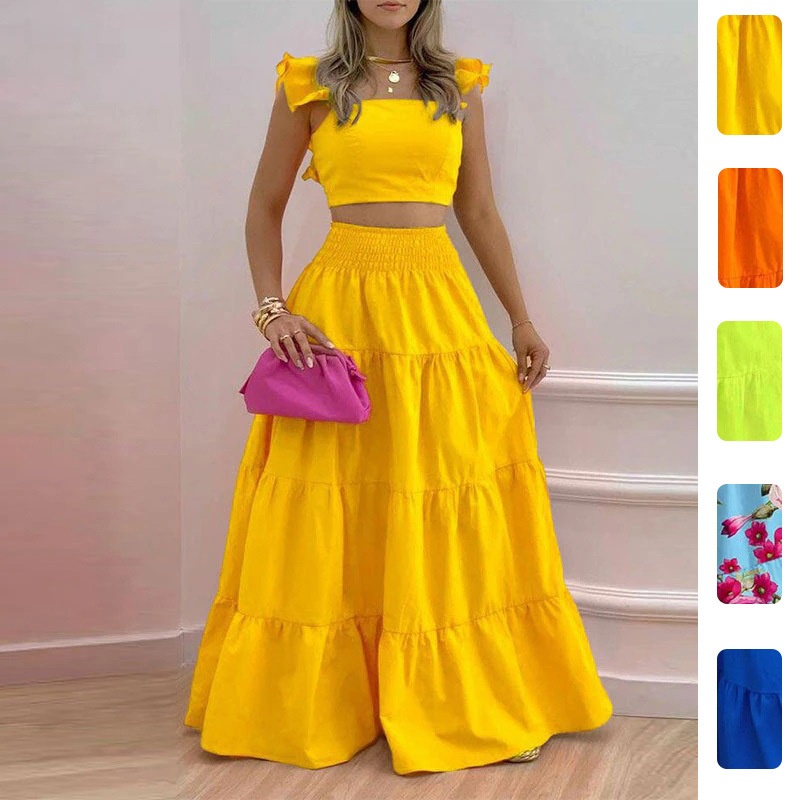 2026 Spring New European And American Cross-Border Wo's Solid Color Sexy Ruffle Strap Flared Skirt Fashion Set For_voghion.com