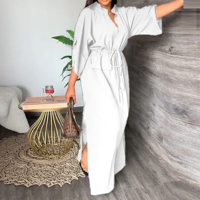 Women's Casual Long Stand Collar Slit Dress For Plus Size Women_voghion.com
