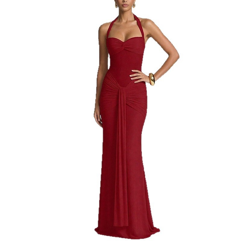 2026 Spring New Women's Clothing European And American Cross-Border Halter Neck Tie Mesh Bodycon Long Dress_voghion.com