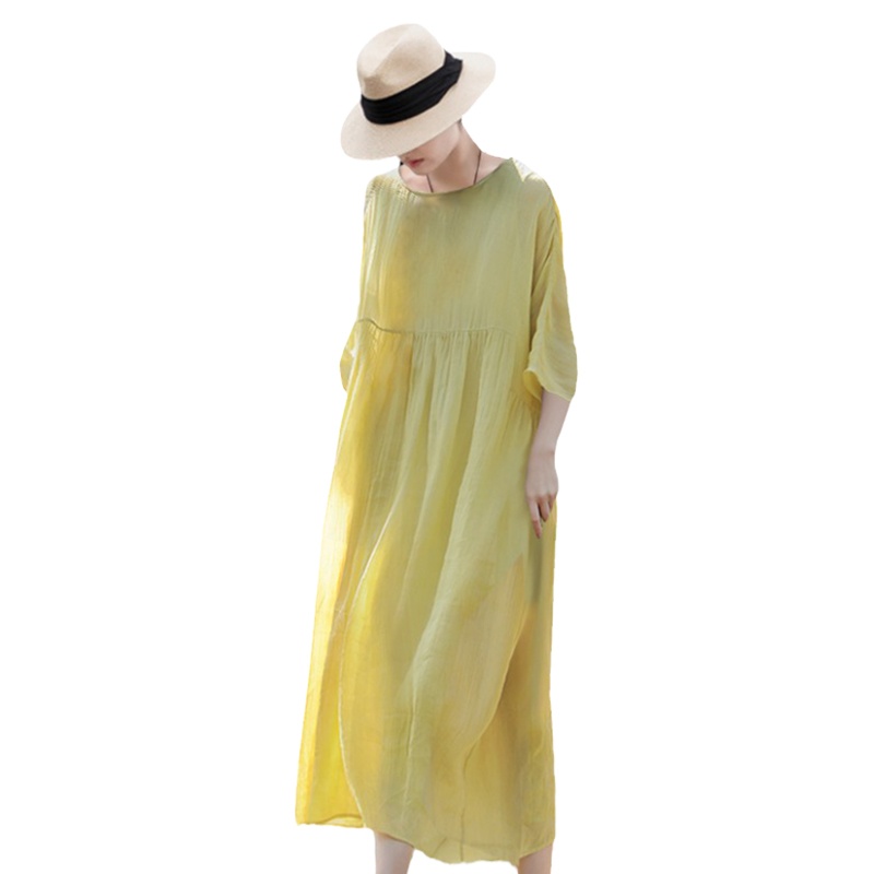 Mangogelbes Ramie-Strandkleid für Damen, Sommer 2025, neue Baumwoll-Leinen-Kollektion, weißer Rock_voghion.com