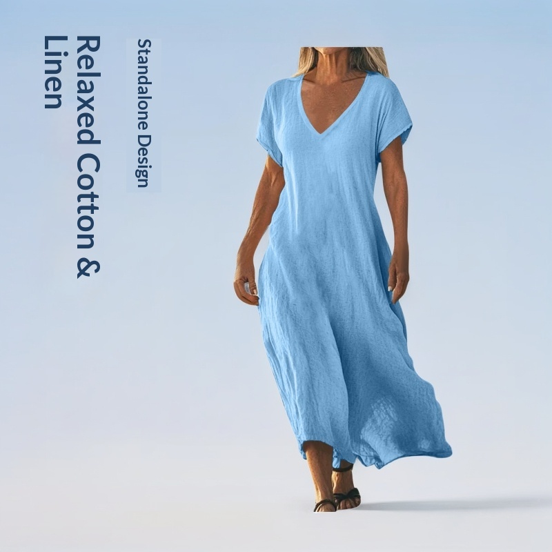 Frühjahr/Sommer 2025 Cross-Border Exklusives Baumwoll-Leinen-Kleid mit V-Ausschnitt, kurzen Ärmeln und lockerem Schnitt – ein lässiges Damen-Urlaubskleid im Cross-Border-Stil_voghion.com