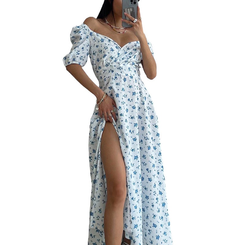 Dopamine Fashion 2026 Nuovo abbigliamento femminile europeo e americano Abito floreale elegante francese con scollo a V e maniche a sbuffo_voghion.com