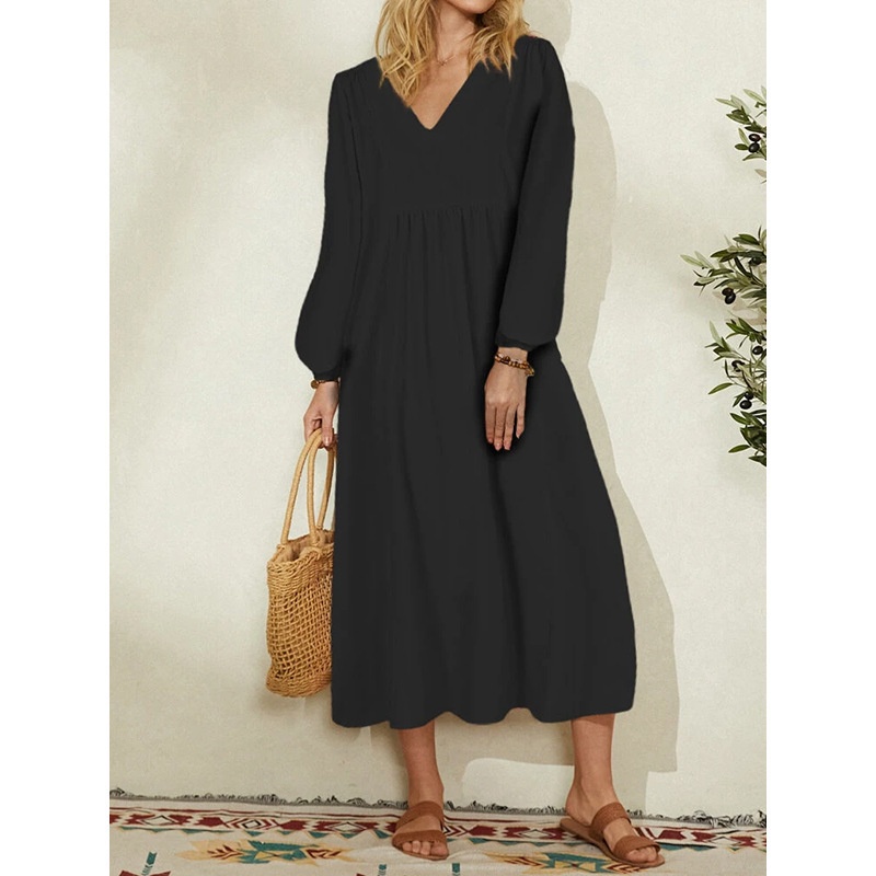Damen Baumwoll Leinen Kleid Mit Laternärmeln Für Den Frühling_voghion.com