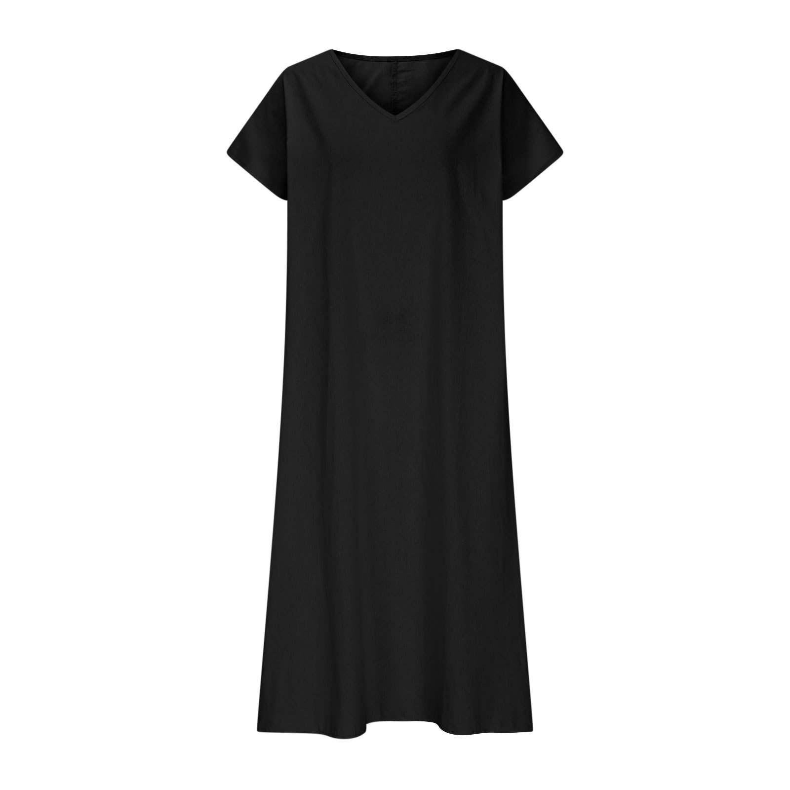 Damen Kleid Aus Baumwoll-leinen Mit V-ausschnitt Und Kurzen Ärmeln_voghion.com