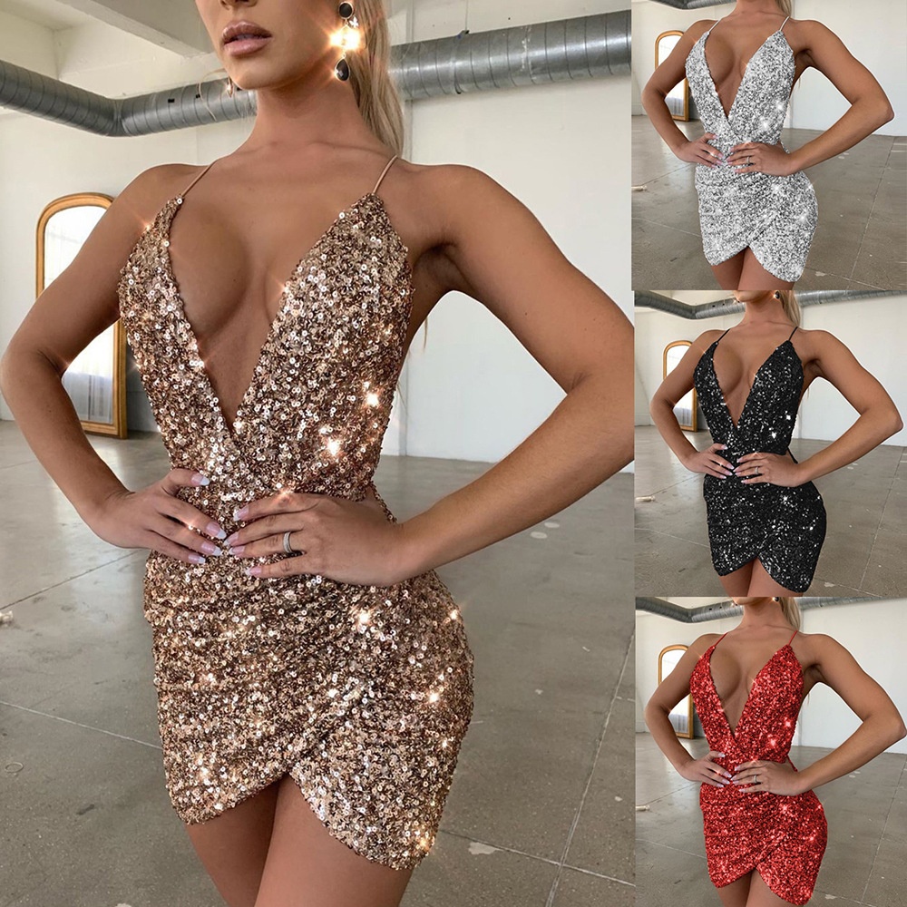 Europäisches und amerikanisches, grenzüberschreitendes, sexy Modekleid mit V-Ausschnitt und Paillettenträgern, Frühjahr 2026, Modell 661_voghion.com