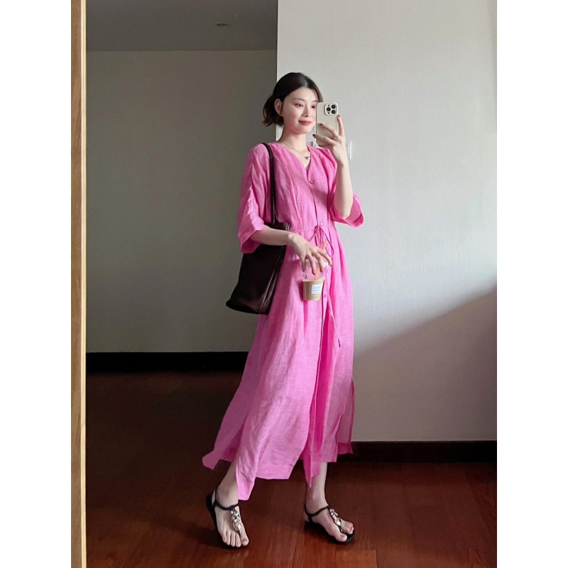 Cotton Linen Thin Strap Shirt Cardigan Ramie Women Summer New French V-neck Loose Slimming Long Dress_voghion.com