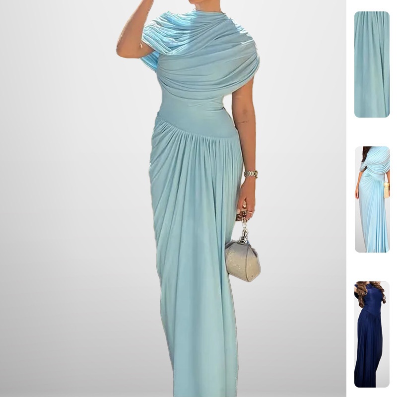 Frühlingsmode: Grenzüberschreitendes, elegantes, tailliertes, gerafftes langes Kleid_voghion.com