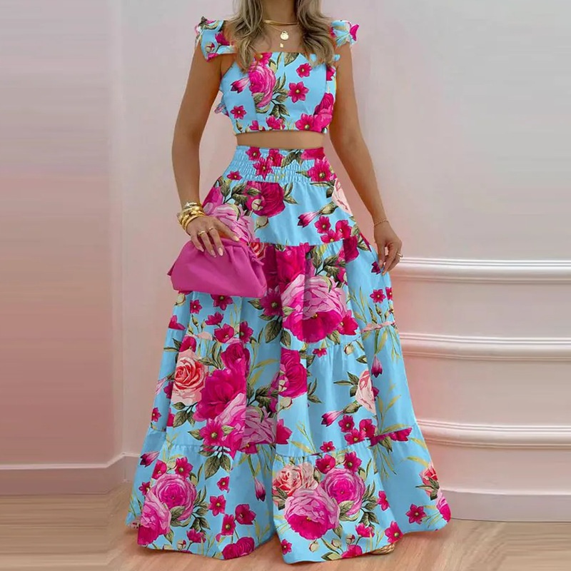 Women's Two-piece Set Solid Colour Ruffle Strap Flared Dress Set_voghion.com