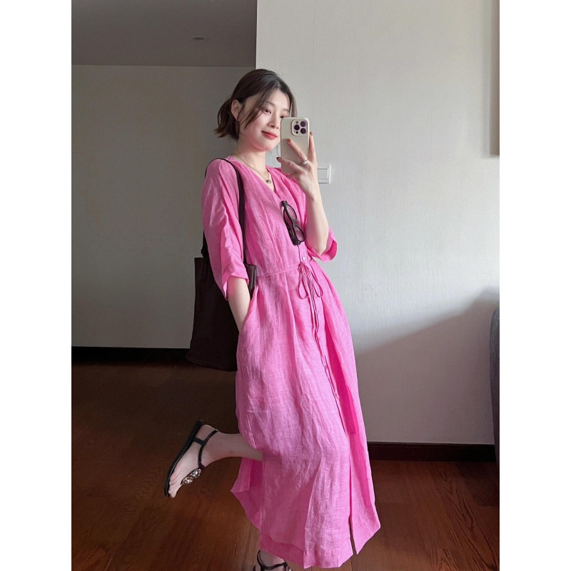 Cotton Linen Thin Strap Shirt Cardigan Ramie Women Summer New French V-neck Loose Slimming Long Dress_voghion.com