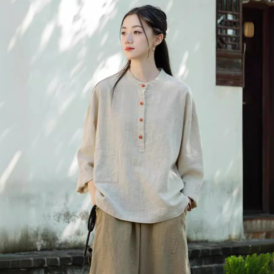 2026 Spring/Summer New Clothing: Linen Stand Collar Color-Block Button-Up Pullover Plus Size Top, Women's Cotton-Linen_voghion.com