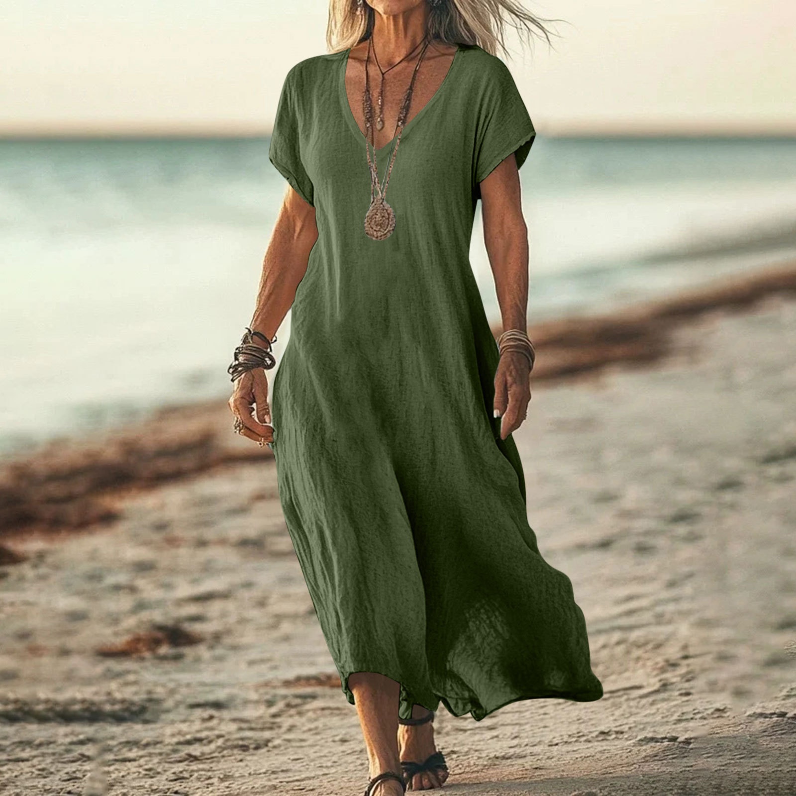 Damen Kleid Aus Baumwoll-leinen Mit V-ausschnitt Und Kurzen Ärmeln_voghion.com