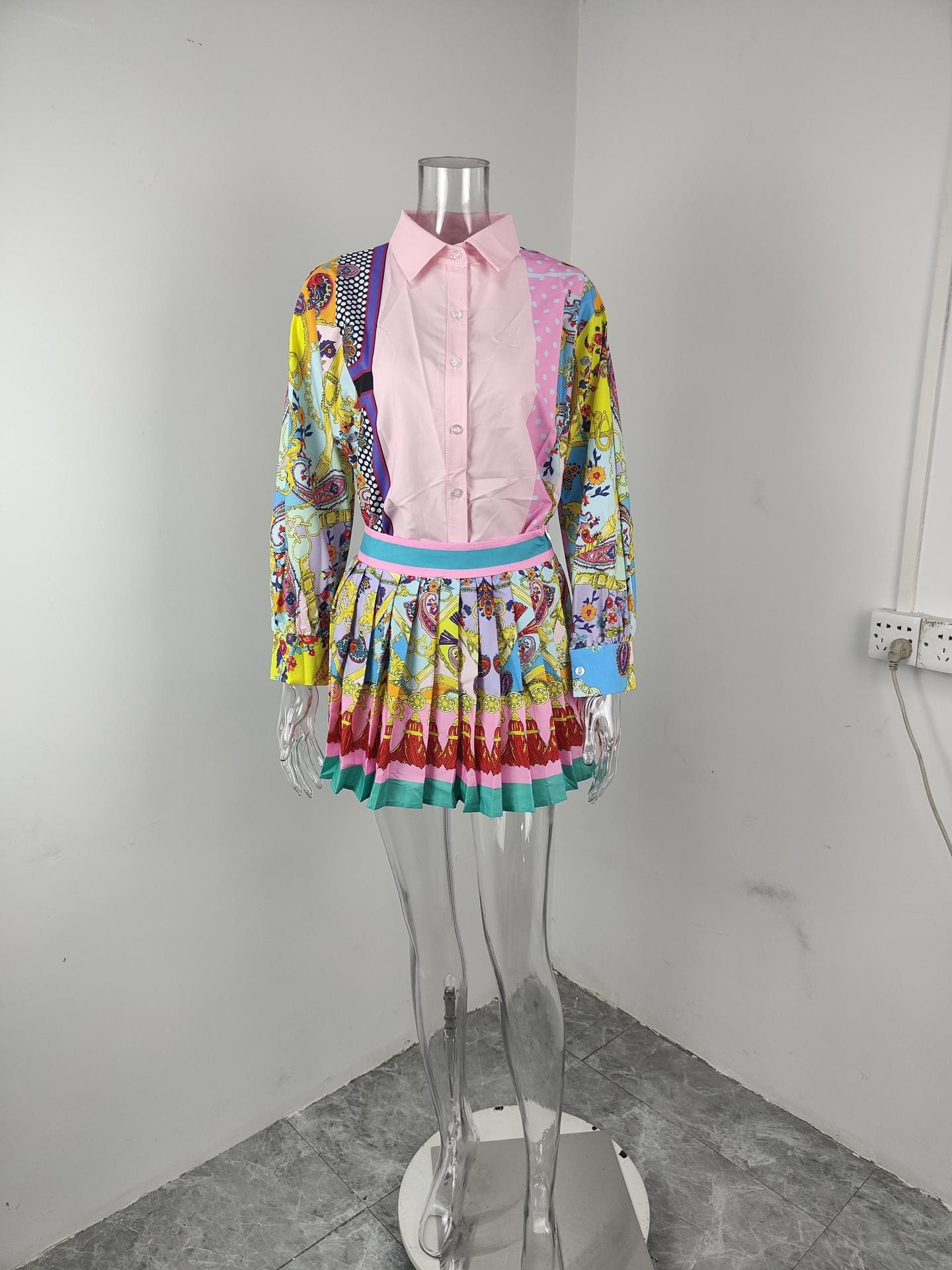 Vestido casual feminino estampado plissado de cintura alta_voghion.com