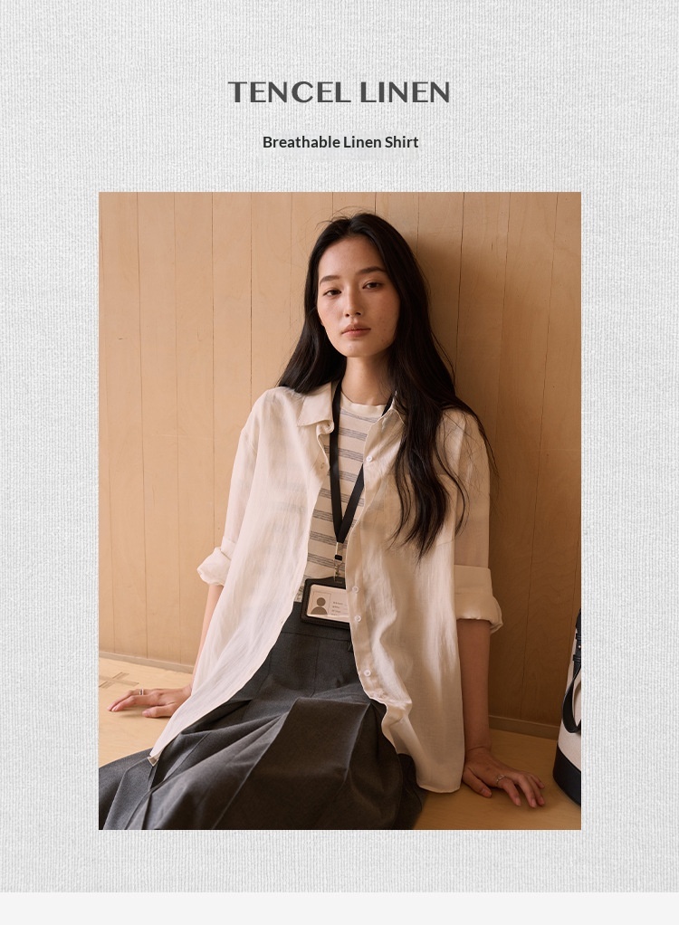 Women's Lyocell Linen Blouse Solid Colour Cardigan Shirt Top_voghion.com