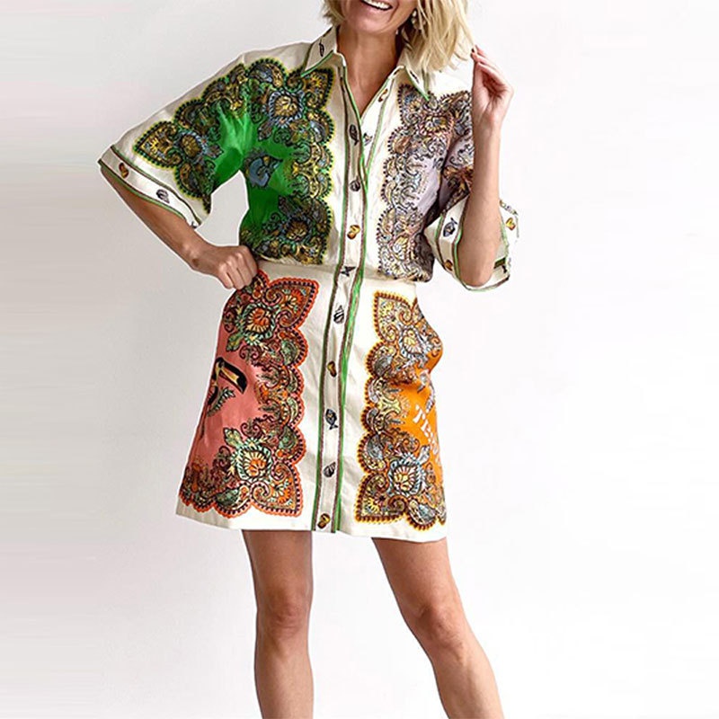 Abito camicia stampato donna stile casual elegante slim-fit_voghion.com