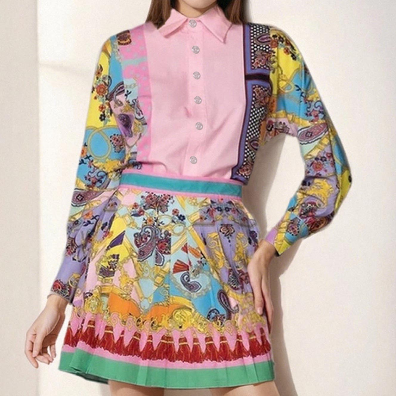 Camisa feminina estampada casual de cintura alta com pregas, nova coleção primavera/verão 2026, com inspiração europeia e americana._voghion.com