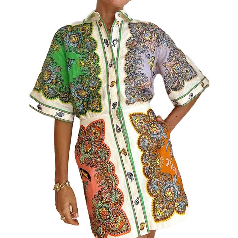 Abito camicia da donna con risvolto stampato, nuovo modello cross-border europeo e americano, primavera 2026, elegante e casual, vestibilità slim._voghion.com