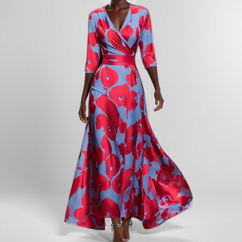 2026 Spring European And American Cross-Border New Elegant Waist-Cinching Slim Fit Printed V-Neck Long Sleeve Dress_voghion.com