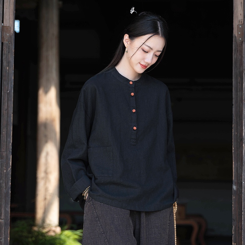 2026 Spring/Summer New Clothing: Linen Stand Collar Color-Block Button-Up Pullover Plus Size Top, Women's Cotton-Linen_voghion.com