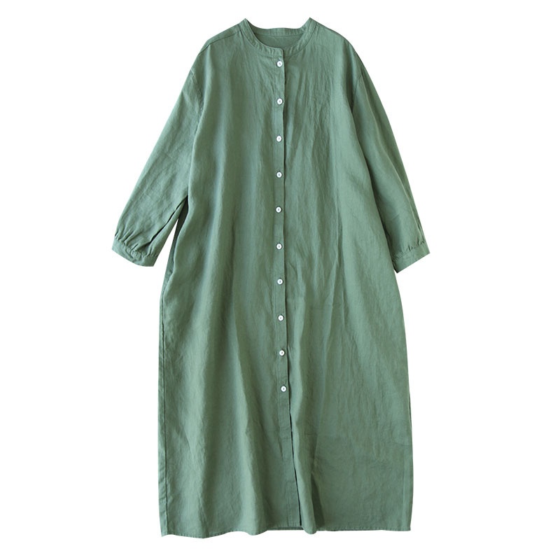 2022 Japanese Artistic Stand-Collar Long Shirt Pure Linen Forest Style Loose Cotton-Linen Dress_voghion.com