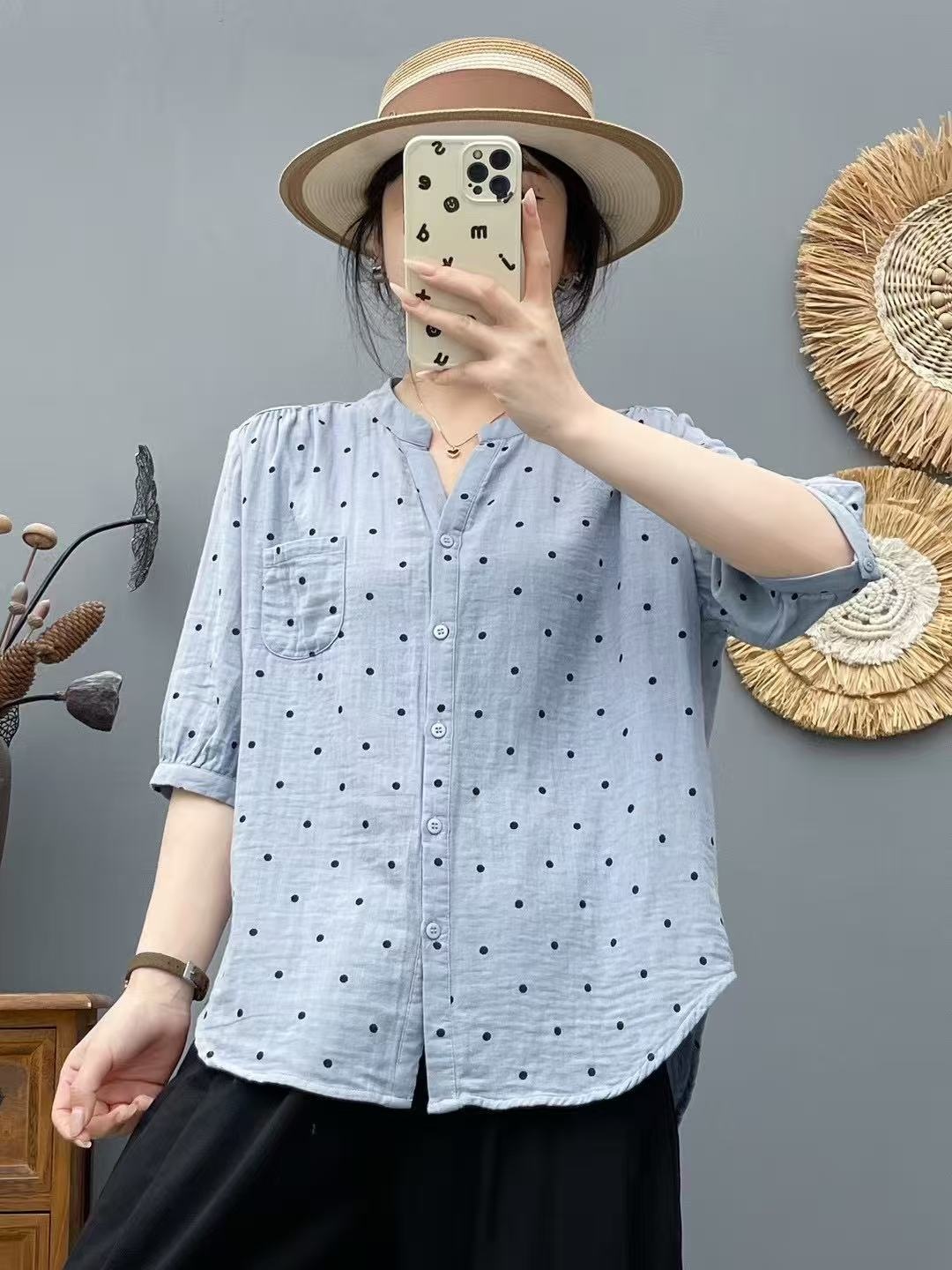 Elegant Women's Polka Dot V-neck Blouse Double-layer Gauze Top_voghion.com