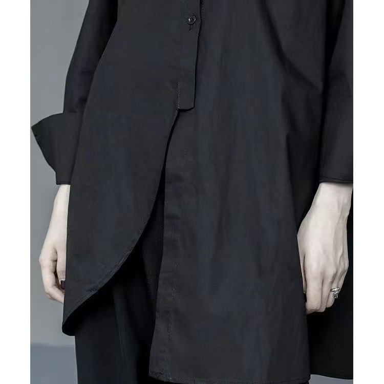 New Spring/Summer Women's Dark Style Irregular Button-Up Shirt, Mid-Length BF Slit Blouse, Heavy-Duty Barber Uniform_voghion.com