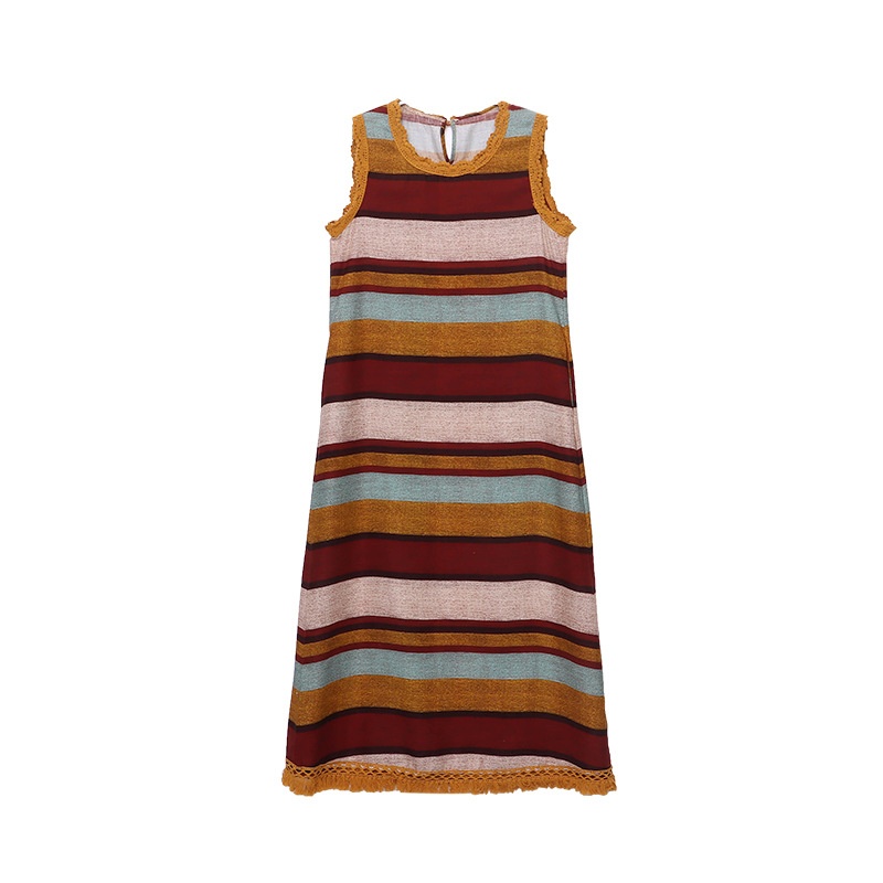 Sinan Lazy Vacation Style Tencel Linen Fringe Edge Round Neck Colorful Striped Tank Dress SN7698_voghion.com