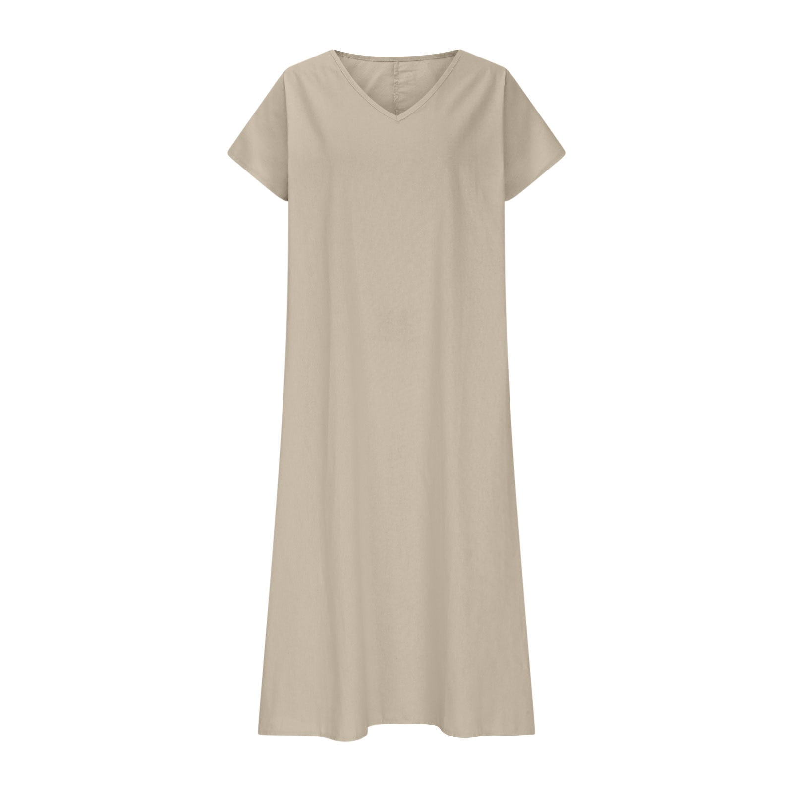 Damen Kleid Aus Baumwoll-leinen Mit V-ausschnitt Und Kurzen Ärmeln_voghion.com