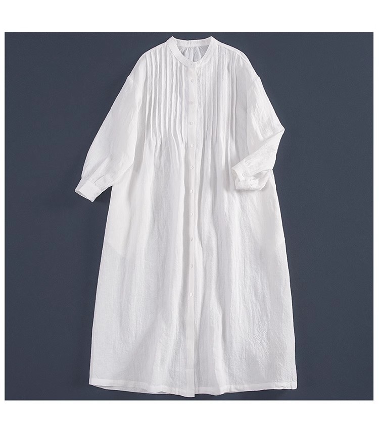 Women's Linen Shirt Dress Pleated Casual Summer Style White_voghion.com
