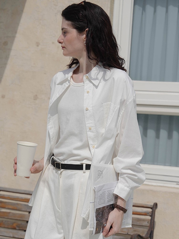 Elegante camicia bianca, 100% cotone, top con colletto per donna, nuova camicia versatile ed elegante in cotone per primavera/estate_voghion.com