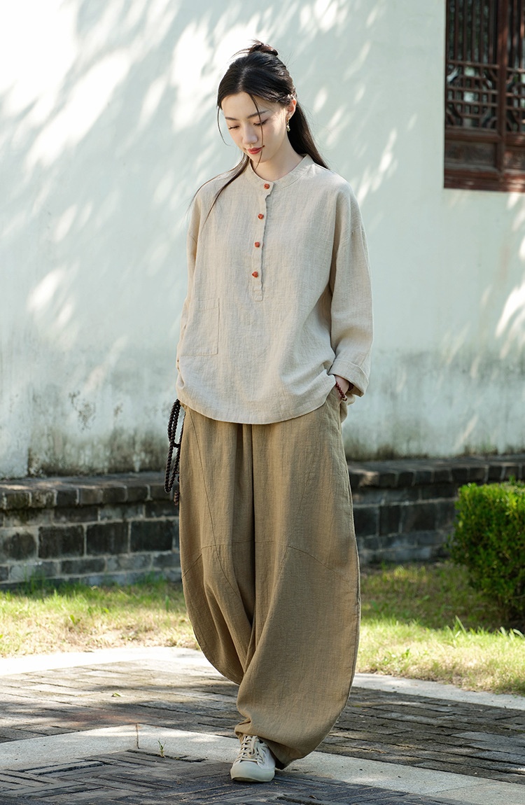 Women's Linen Blend Stand Collar Button Up Pullover Blouse Top_voghion.com