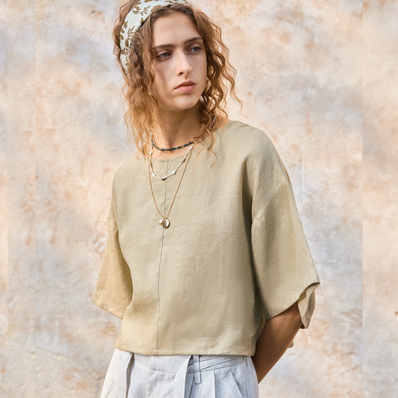 Pure Round-neck, Drop-shoulder, Short-sleeve Women's Old Money Linen Top With Three-quarter Sleeves, New Summer Style_voghion.com