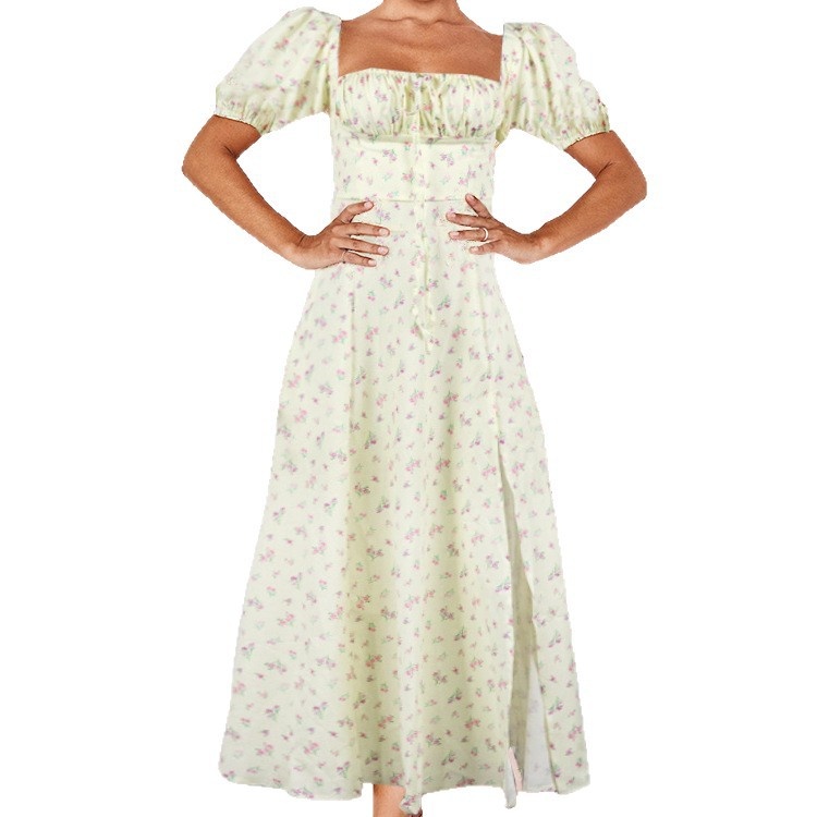 Lente 2026 Nieuwe grensoverschrijdende Europese en Amerikaanse damesmode Elegante Sexy Jurk met Vierkante Hals, Strik en Bloemenprint en Split_voghion.com