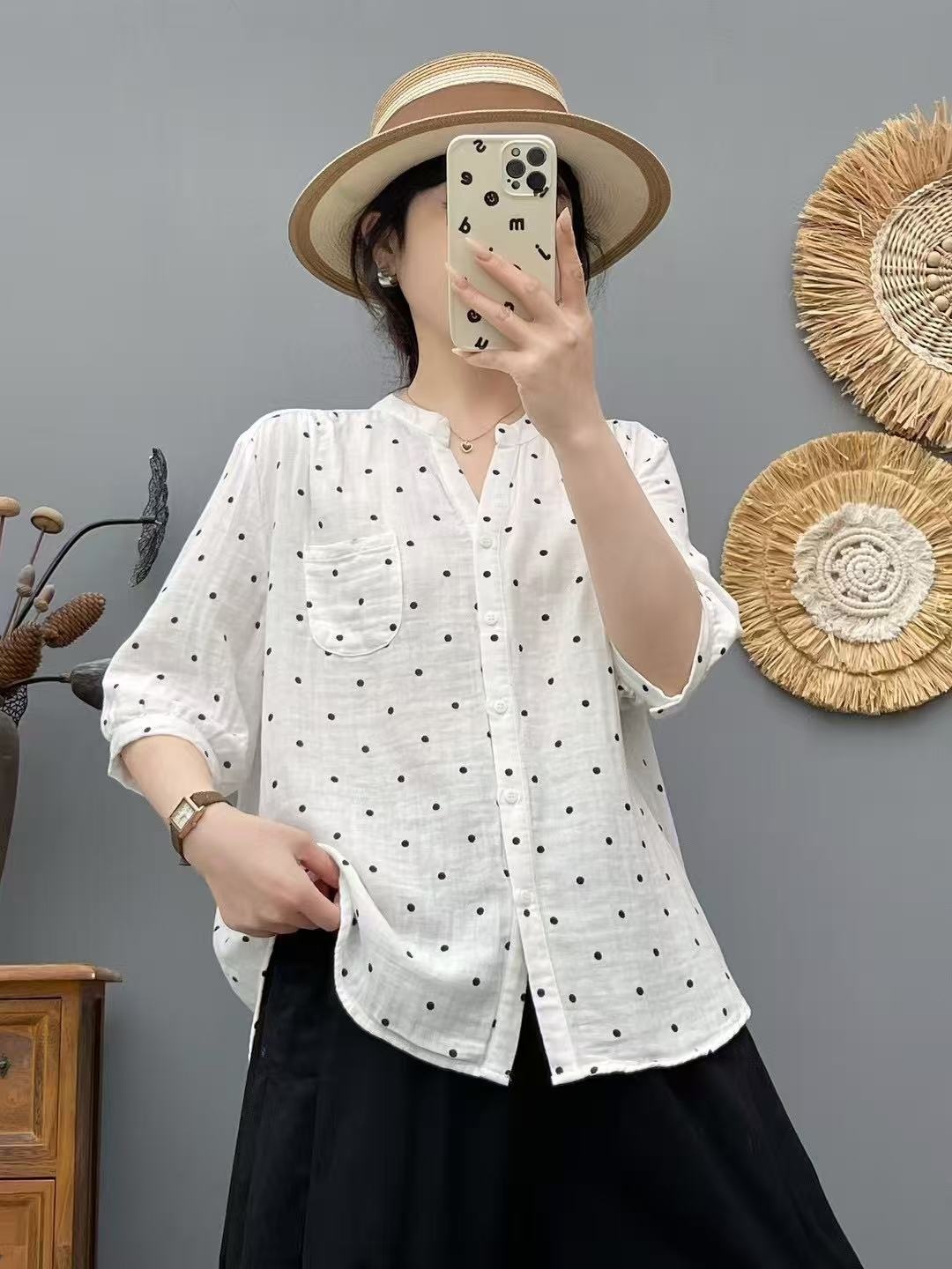 Elegant Women's Polka Dot V-neck Blouse Double-layer Gauze Top_voghion.com