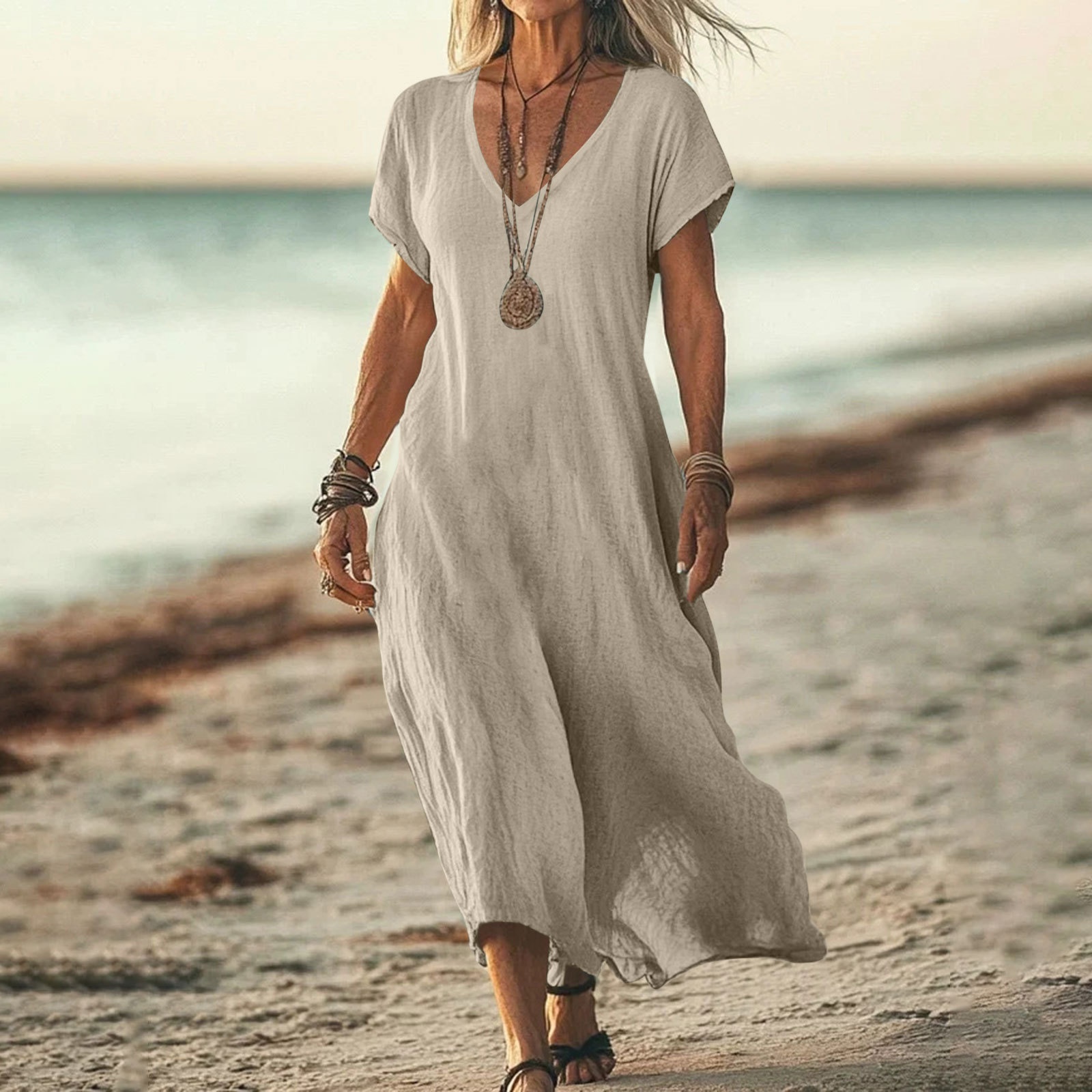 Damen Kleid Aus Baumwoll-leinen Mit V-ausschnitt Und Kurzen Ärmeln_voghion.com