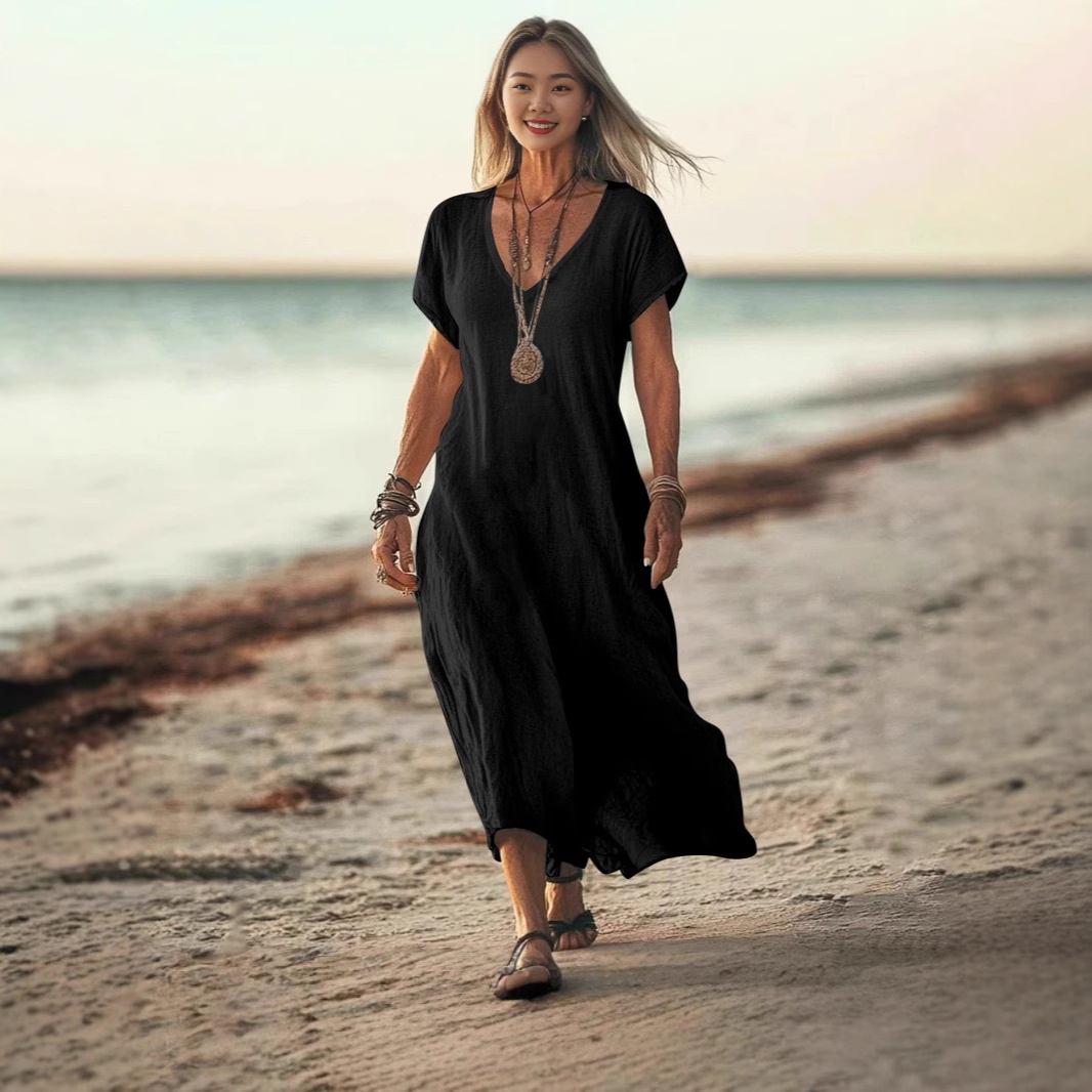 Frühjahr/Sommer 2025 Cross-Border Exklusives Baumwoll-Leinen-Kleid mit V-Ausschnitt, kurzen Ärmeln und lockerem Schnitt – ein lässiges Damen-Urlaubskleid im Cross-Border-Stil_voghion.com
