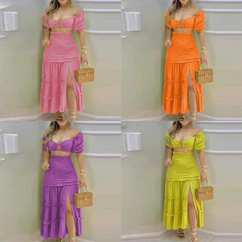 Frühjahr 2026 Neue grenzüberschreitende europäisch-amerikanische Damenmode: Sexy bedrucktes Tube-Top und hochgeschnittener Schlitzrock (Set 661)_voghion.com