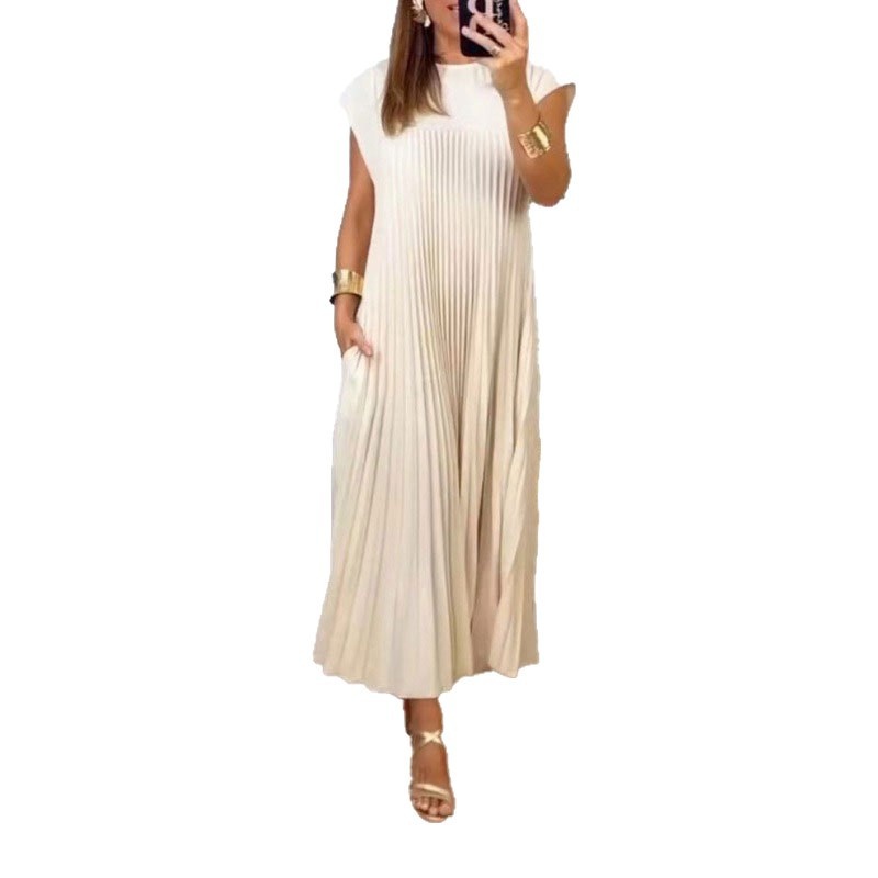 2026 Spring New Cross-Border European And American Women's Elegant Fashion Round Neck Sleeveless Pleated Long Dress_voghion.com