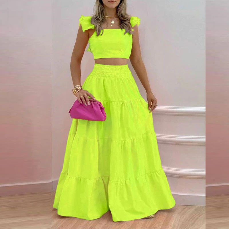 2026 Spring New European And American Cross-Border Wo's Solid Color Sexy Ruffle Strap Flared Skirt Fashion Set For_voghion.com